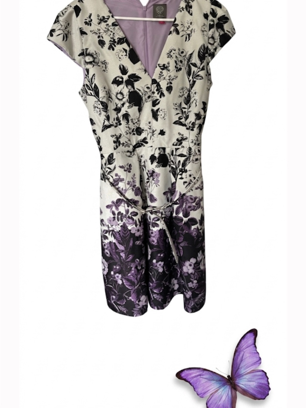 Vince Camuto Floral Print Belted Dress in White and Purple size 12